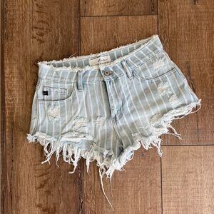 KanCan Light Blue Striped Distressed Jean Shorts